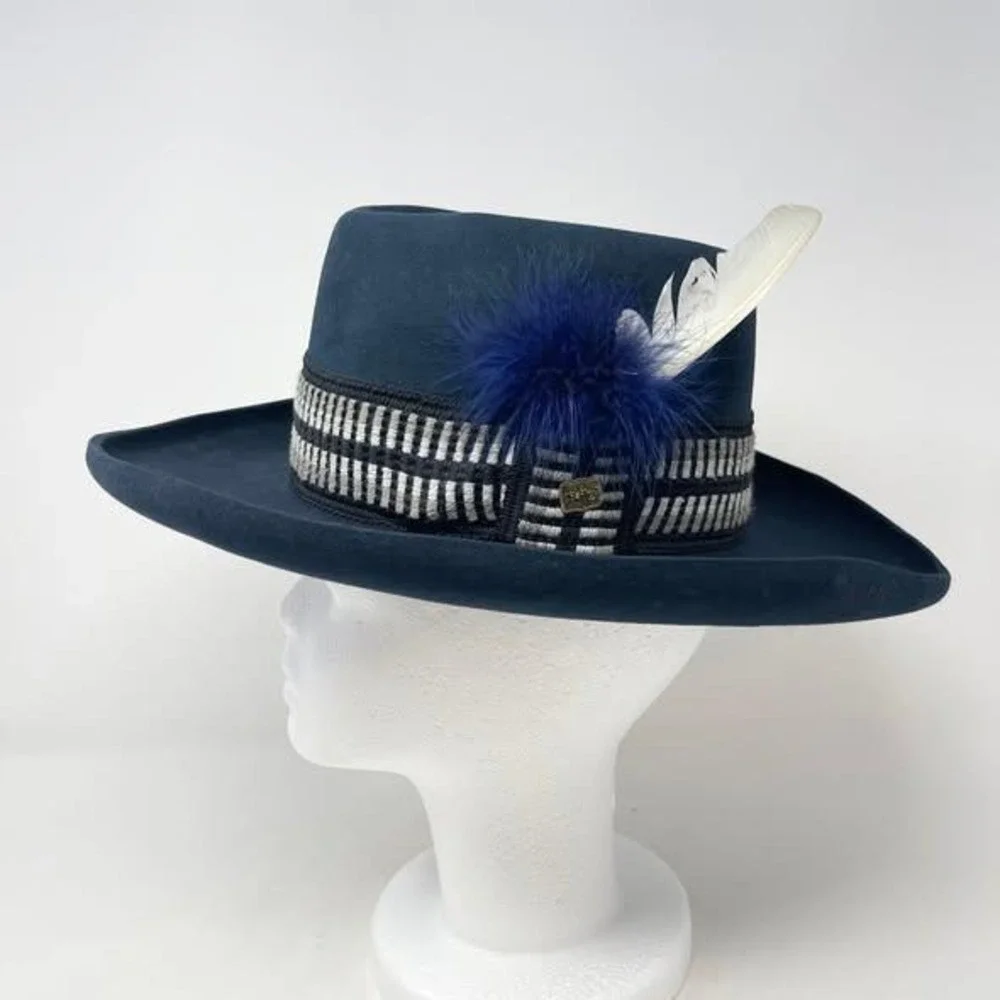 Bailey New West Gambler Cowboy Hat Navy Blue Wool Felt Feathers Curled Brim S